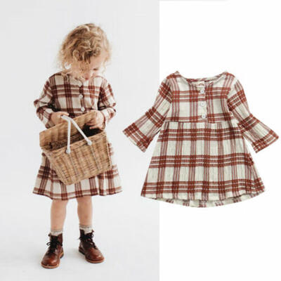 

US Sweet Infant Baby Girl Popular Plaid Long Sleeve Ruffles Dress Summer Clothes