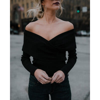 

Fashion Womens Off Shoulder Cross Wrap Sweater Short Blouse Tops scarf