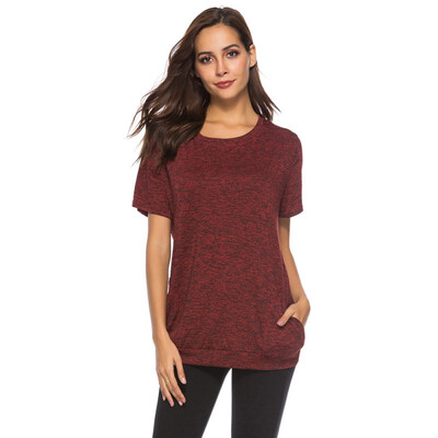 

Women Solid Color Short Sleeve Round Neck Splice T Shirts Tops Tee with Pockets