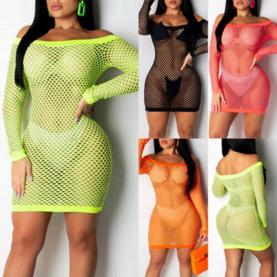 

Women Bikini Cover Up Swimwear Fish Net Bathing Suit Summer Beach Mini Dress US