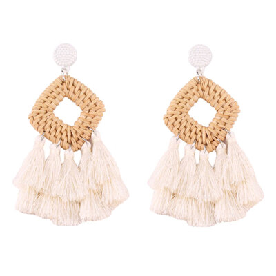 

Boho Women Hollow Rhombus Rattan Woven Tassel Statement Dangle Stud Earrings