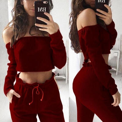 

Two-piece Women Crop Top Blouse Off Shoulder Shirt Pants Trouser Outfits