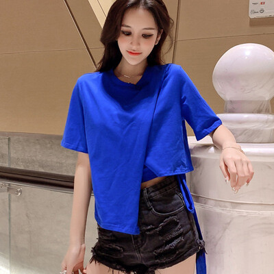 

t shirt women lady sexy crop tops women solid short sleeve lace up cotton loose sexy white t-shirt dance tee tops summer