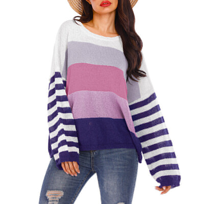 

Round neck contrast color striped loose casual sweater pullover sweater