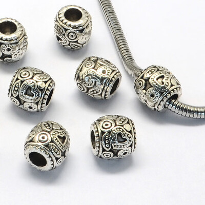 

Alloy European Beads Large Hole Beads Barrel Antique Silver 10x10mm Hole 45mm