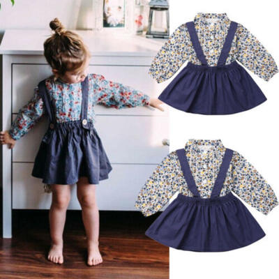 

2PCS Toddler Kid Baby Girl Fall Clothes Floral Tops Bib Skirts Dress Outfits Set
