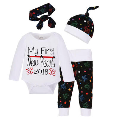 

4pcsset Baby Infant Suit Set RomperPantsCapHeadband Printed