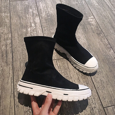 

Black Martin boots autumn Korean elastic knit socks retro-lean thin short boots