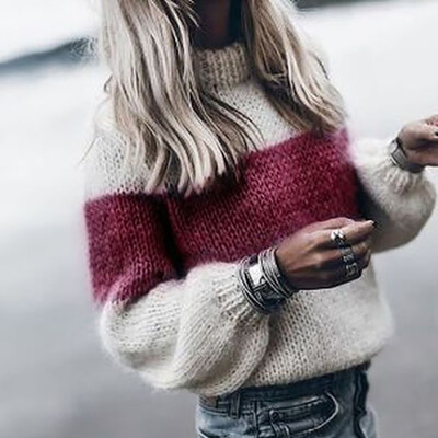

〖Follure〗Womens Lady High Sweater Casual Splicing Long Sleeve Tops Slim Fit Pullover