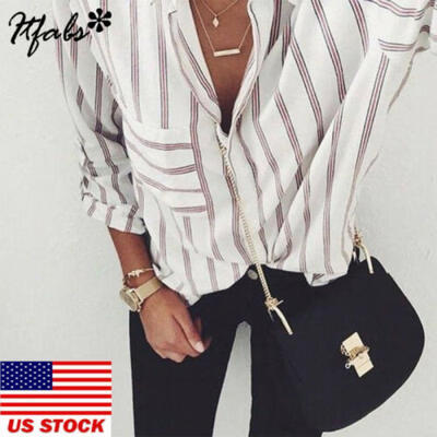 

US STOCK Women Casual Long Sleeve Striped Tops Blouse V-Neck Office OL T Shirt