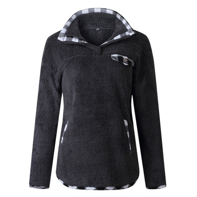 

Winter New Women Fleece Plaid Sweatshirts Casual Long Sleeve V Neck Button Sweatshirt Pullover Tops sudadera mujer 2019