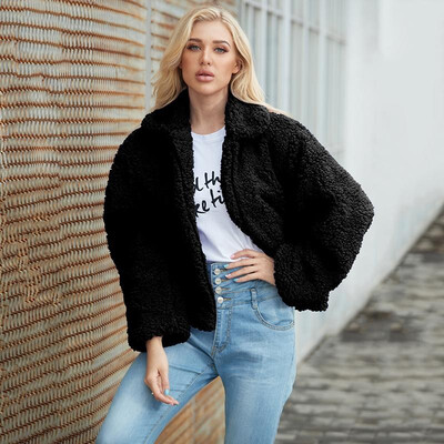 

Fashion Women Autumn Winter Faux Fur Coat Solid Color Zipper Front Turn-down Collar Long Sleeve Fluffy Short Outerwear Jacket