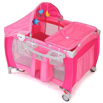 Foldable Baby Crib Playpen w Mosquito Net&Bag-Pink