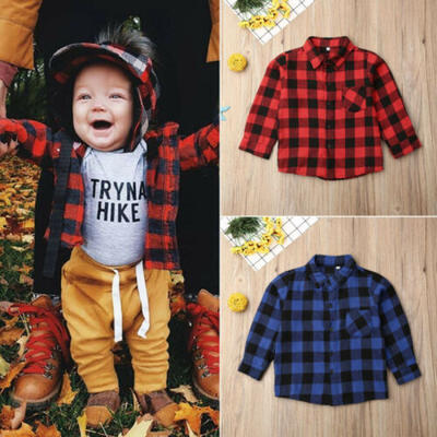 

UK Toddler Baby Girl Boy Xmas Shirt Plaid Blouse Casual Button Top Autumn Winter