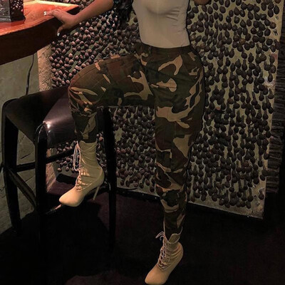 

Fashion Women Long Pants Camouflage Print High Waist Pockets Zip Casual Camo Trousers YellowWhite