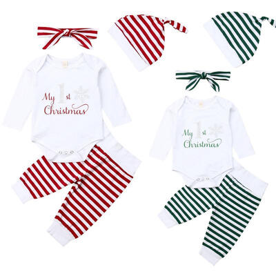 

Infant Baby Boys Girls Christmas Long Sleeve RompersStriped Long PantsHatsHeadband 4Pcs Clothes