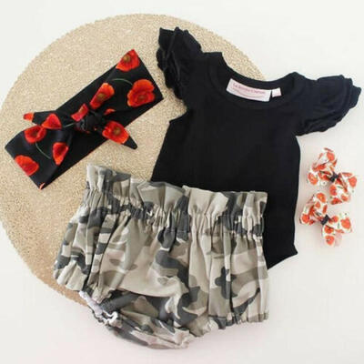 

3PCS Cute Newborn Baby Girl Outfits Clothes Tops RomperCamo Shorts Pants Set US