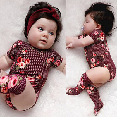 

3PCS Baby Girl Floral RomperStockings Set Newborn Bodysuit Clothes Outfit 0-18M