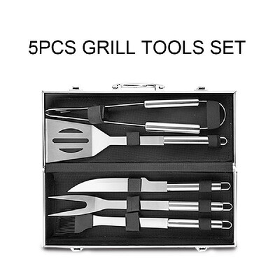 

5pcs BBQ Grill Tools Set Professional Grill Accessories Spatula Fork Basting Brush Tongs Stainless Steel Grill Barbecue Cook Acces