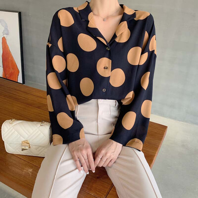 

Women Chiffon Big Dot Polka Loose V Collar Bottoming Blouse Long Sleeve Casual Office Tops blusas mujer de moda