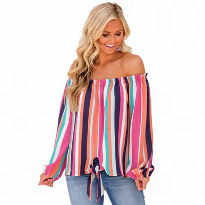 

Colorful striped blouse vertical stripes long sleeves versatile shirt
