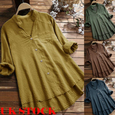 

Womens Summer Tunic Tops Ladies Long Sleeve Plaid T-Shirt Blouse Plus Size 6-18
