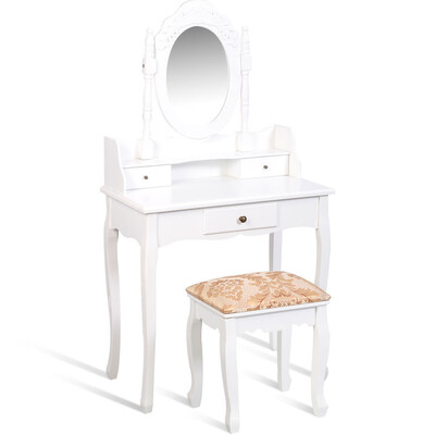 

White Vanity Makeup Dressing Table with Rotating Mirror 3 Drawers