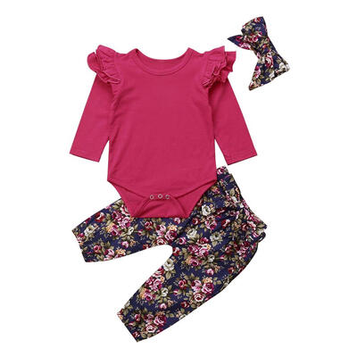 

3pcs Sweet Cotton Clothing Set Ruffle Girls Baby Romper Pants Headband Suit