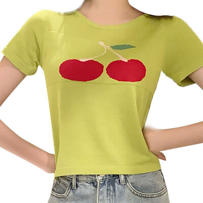 

Women Short Sleeve Cherry Print Stretch Casual Retro Design Tops Blouse