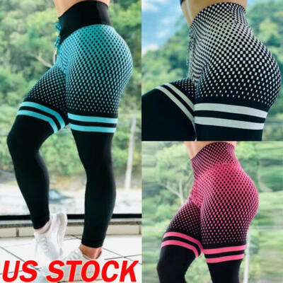 

High Waist Fitness Leggings Womens Gym Workout Push Up Trousers Grid Yoga Pants