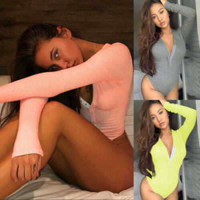 

Womens Plunge V Neck Bodycon Knit Sleepwear Bodysuit Short Romper Leotard Tops