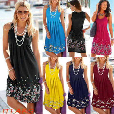

US Womens Summer Cotton Vest Sleeveless Sundress Beach Loose Dress Tank Tops