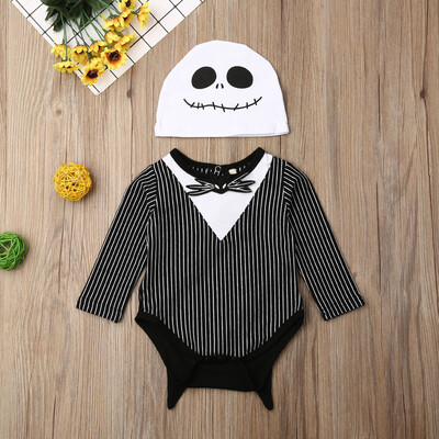 

Newborn Baby Boy Halloween Costume Stripe Bat Romper Jumpsuit BodysuitGhost Hat