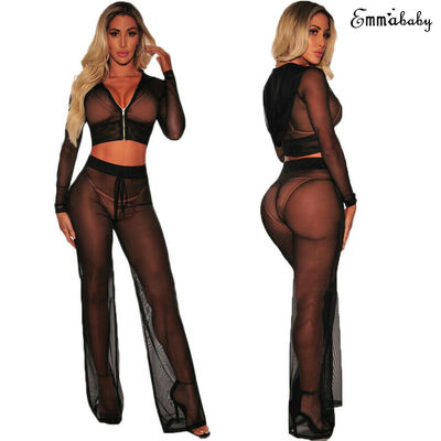 

Women Sheer Mesh Bikini Crop TopPants Cover Up Long Sleeve Swimwear Beach USA