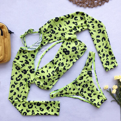 

Women Swimming Costume Leopard Print Swimsuit Sexy Buckle Bikini Set Swimwear