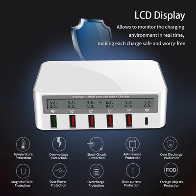 

818 Intelligent Multi-port USB Fast Charger Adaptive LCD Display Quick Charge QC 30 Type-C Port EU Plug