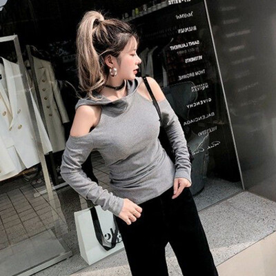 

Korean Solid Color Fashion Sexy Strapless Top Hooded Long-sleeved T-shirt