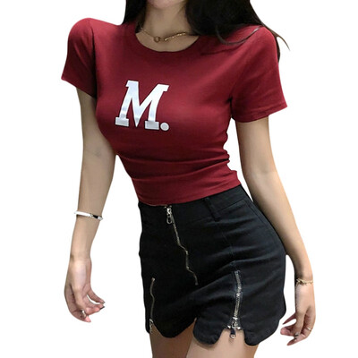 

Womens Korean Style Round Neck Letter Print Short Sleeve Tight Crop Top T-Shirt