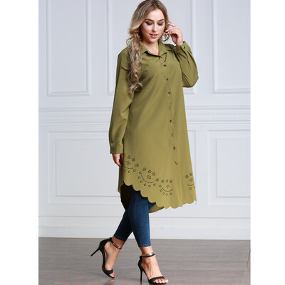 

Women Plus Size Shirt Dress Burning Flowers Hollow Out Irregular Hem Belted Casual Tunic Long Blouse Top