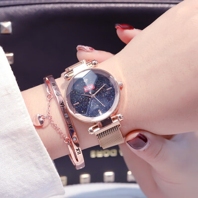 

Luxury Rose Gold Women Watches Starry Sky Magnetic Mesh Band Quartz Wristwatch Diamond Clock relogio feminino montre femme 2019