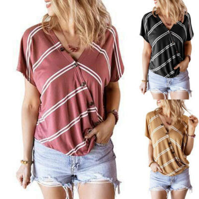 

Women Cotton Stripe Short Sleeve V-Neck Loose T-Shirts Fashion Blouse Top Shirt