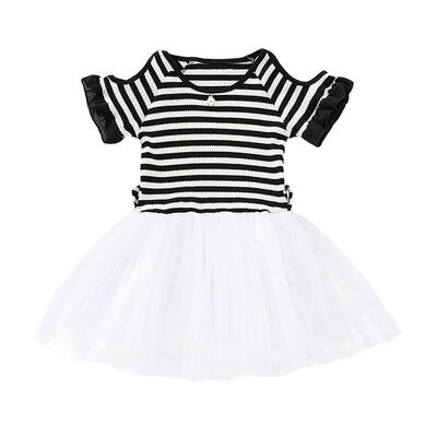 Infants Off Shoulder Stripe Dresses Girls Stitching Gauze Baby Clothing