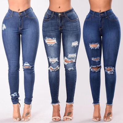 

Fashion Womens High Waisted Skinny Ripped Denim Pants Slim Pencil Jeans Trousers