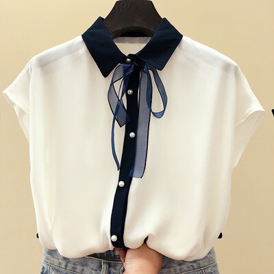

Women Summer Temperament Solid Color T-shirt Ladies Vintage Short Sleeve Bow Casual Tops