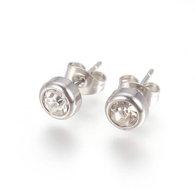 

304 Stainless Steel Stud Earrings with Rhinestone Flat Round Crystal 15x65x4mm Pin 07mm