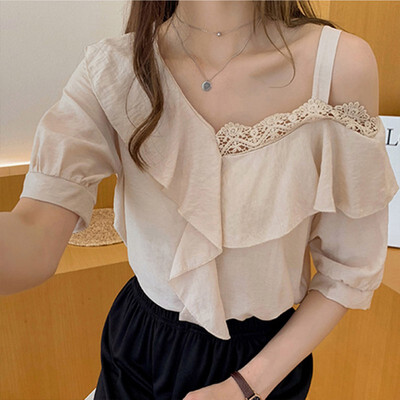 

Women Summer flounced chiffon Solid Color Off Shoulder Stitching Round Neck Short Sleeve Hollow Chiffon Casual Shirt