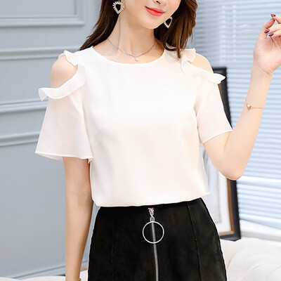 

Starmoon Women Work Office Off Shoulder Ruffles Short Sleeve Solid Chiffon Plus Shirt Top
