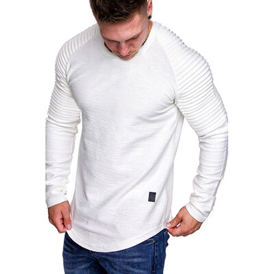 

Mens Muscle Pleated Long Sleeve Tops Round Neck Summer Slim T-Shirt Blouse