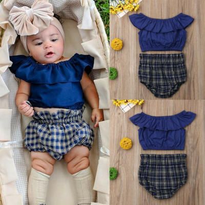 

Newborn Kid Baby Girl Off Shoulder TopsPlaids Shorts Pants Brief Clothes Outfit
