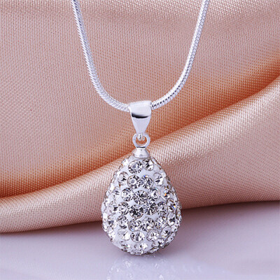 

Womens Shiny Silver Plated Rhinestone Water Tear Drop Necklace Pendant Chain
